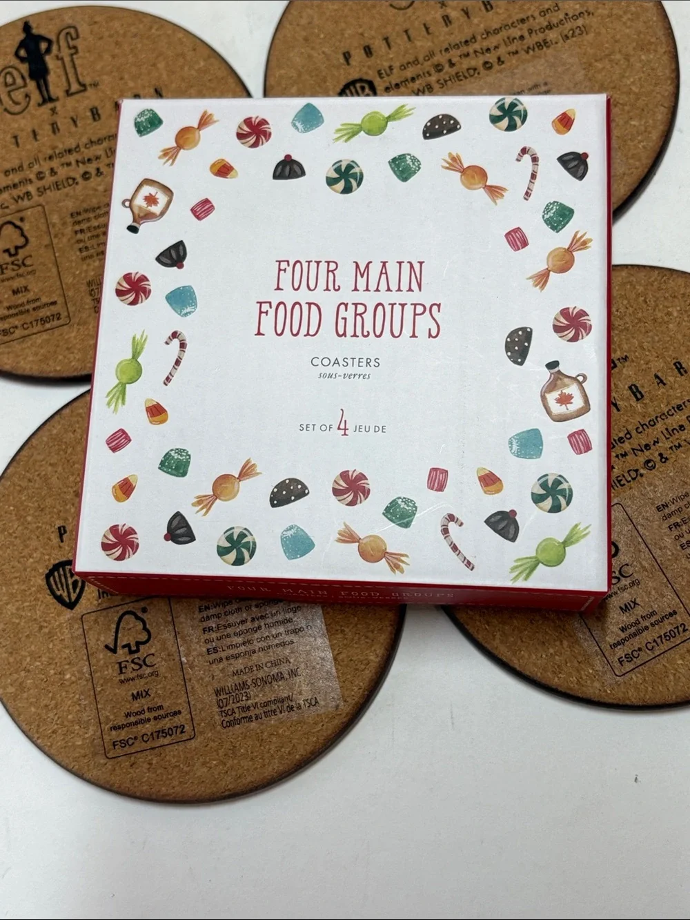 Pottery Barn Holiday Elf Coaster Set - White with Red, Green, Orange Accents
